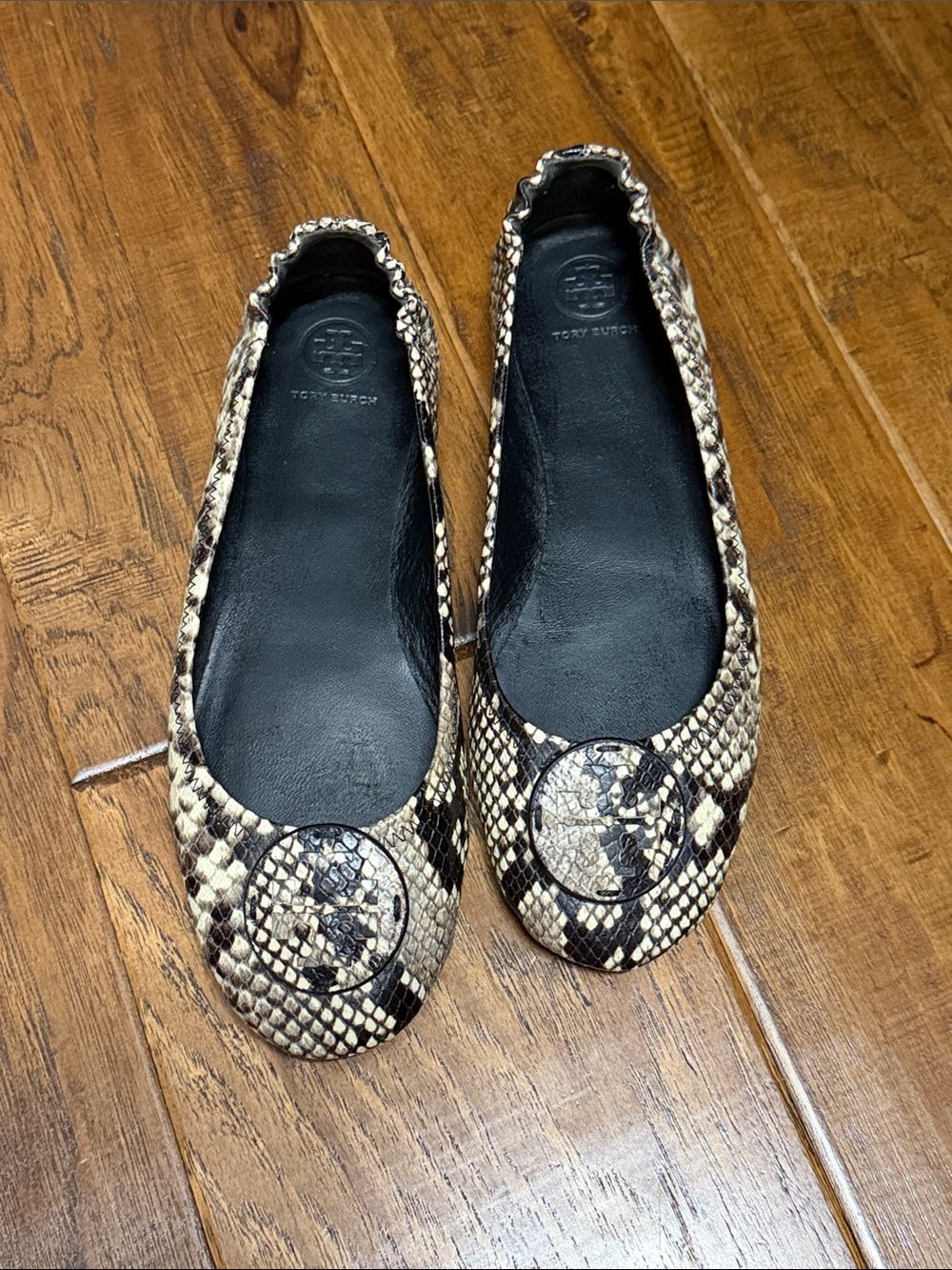 Tory Burch Beige Snake-Print Leather Ballet Flats